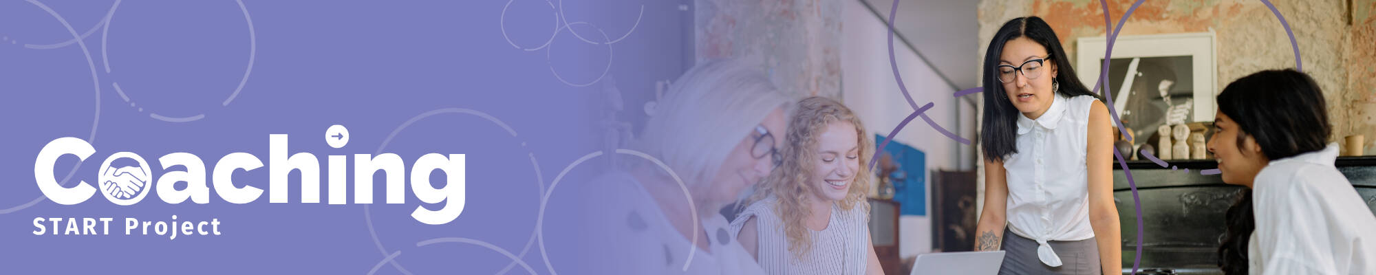Banner for START Project Coaching featuring the word “Coaching” with a handshake icon and photos of educators collaborating around a laptop.